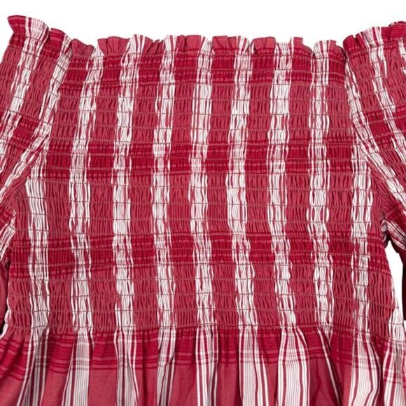 NWT ZARA Off the Shoulder Bell Sleeve Smocked Top Sz Medium Striped Red / White - Picture 4 of 5